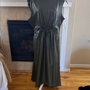 Sleeveless Olive Midi Drawstring Faux Leather Dress